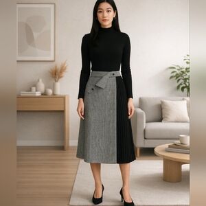 Sensiline Exclusive/ Striped Black & Gray Skirt/ Unique Half Pleated/ Size US L